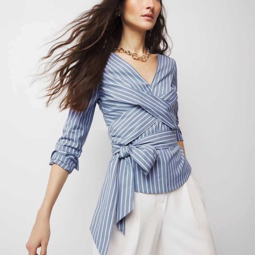 White House Black Market Blue and White Wrap Blouse
